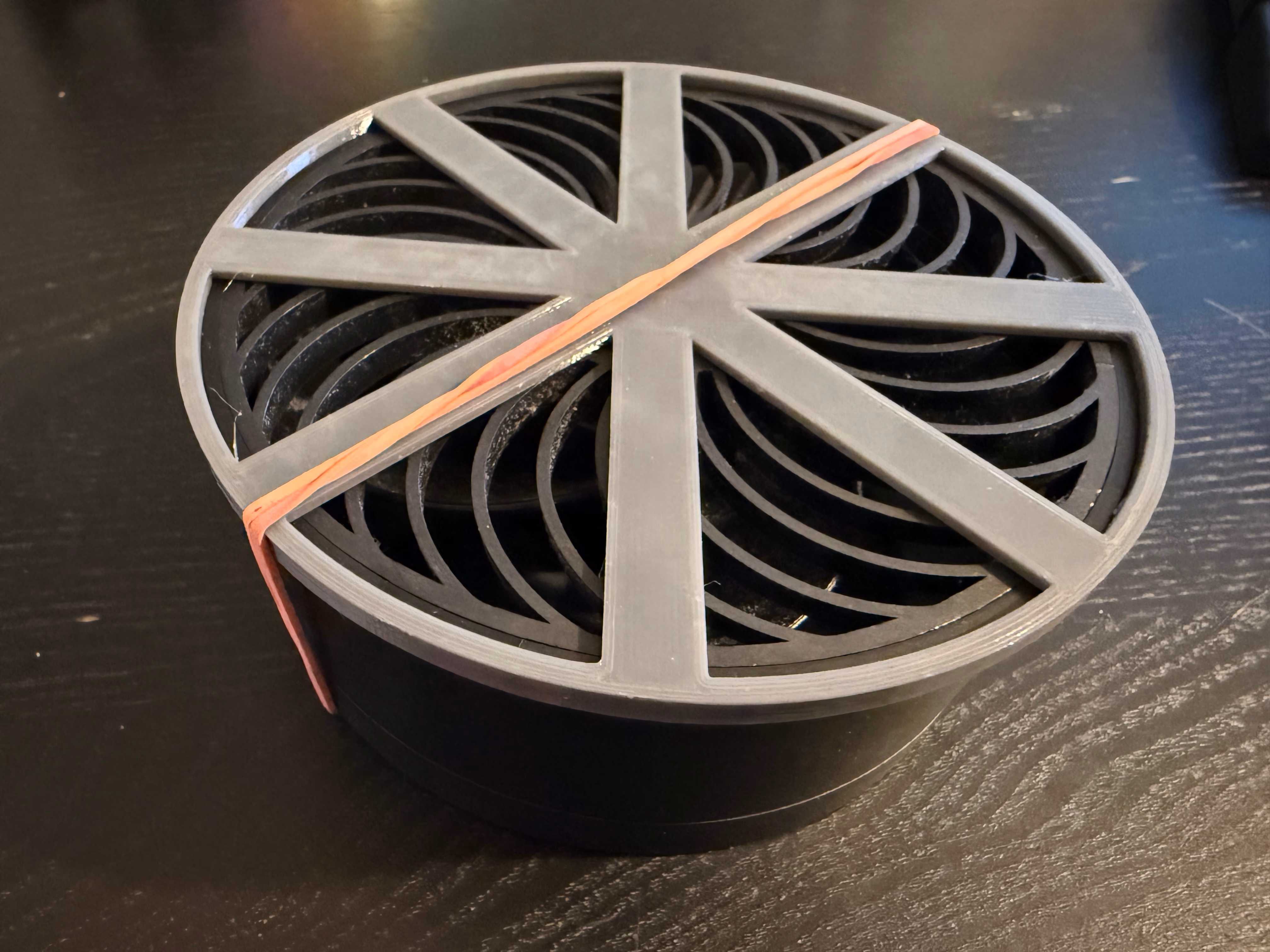 Fan With protector on it held on via rubber band.